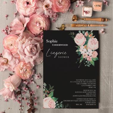 Blush Floral Black Bridal Lingerie Shower Invitations