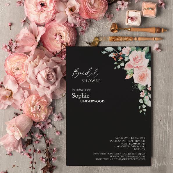 Blush Floral Black Wedding Bridal Shower Invitations