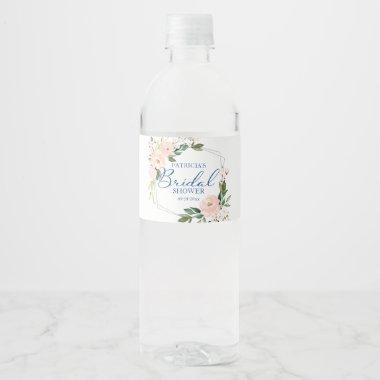 Blush Floral Blue Silver Geometric Bridal Shower Water Bottle Label