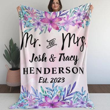 Blush Floral Bridal Shower Mr and Mrs Wedding Fleece Blanket