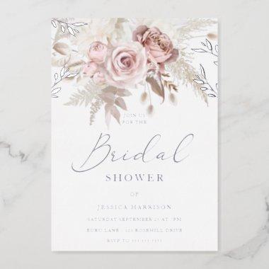 Blush Floral Bridal Shower Real Silver Foil Invitations