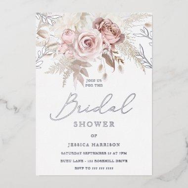 Blush Floral Bridal Shower Real Silver Foil Invitations