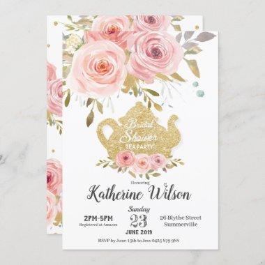 Blush Floral Bridal Shower Tea Party Invitations