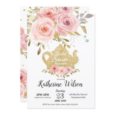 Blush Floral Bridal Shower Tea Party Invitations