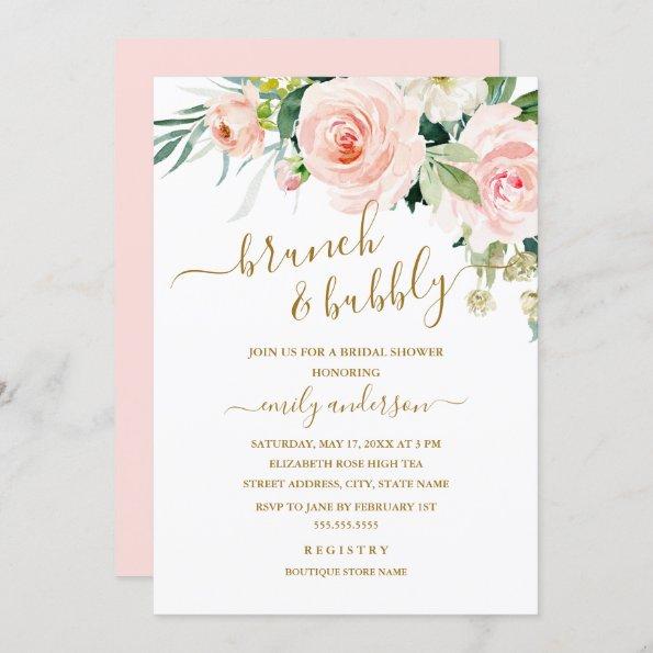 Blush Floral Brunch And Bubbly Bridal Shower Invitations