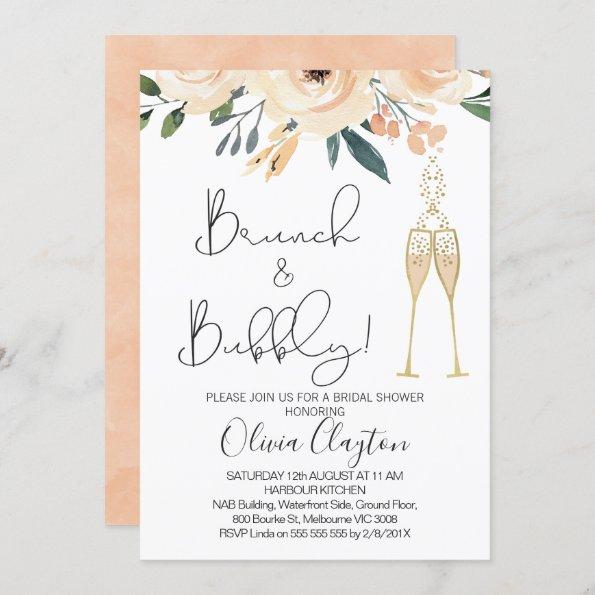 Blush Floral Brunch Bubbly Bridal Shower Invites