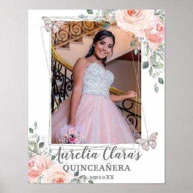 Blush Floral Butterfly Quinceanera Birthday Photo Poster