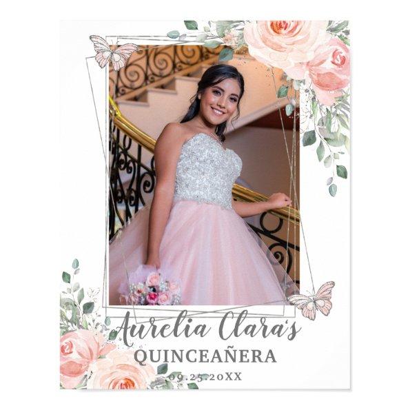 Blush Floral Butterfly Quinceanera Birthday Photo Poster