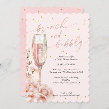 Blush floral chic brunch and bubbly champagne inv Invitations