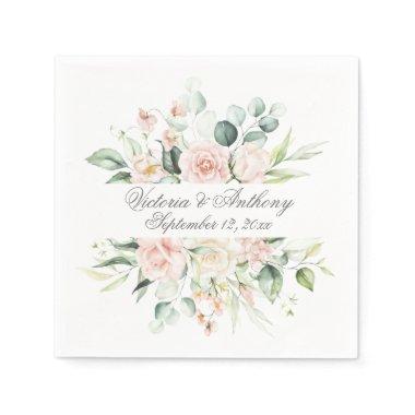 Blush Floral Elegant Script Name Wedding Napkins
