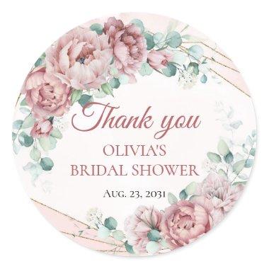 Blush floral eucalyptus gold frame bridal shower classic round sticker