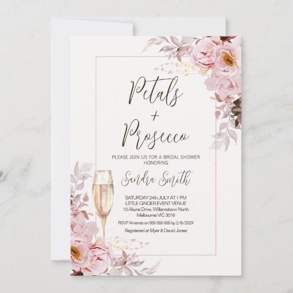 Blush Floral Frame Petals Prosecco Bridal Shower Invitations