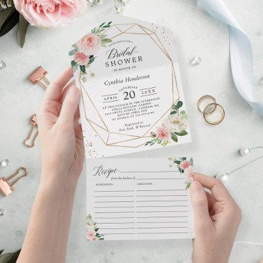 Blush Floral Geometric Bridal Shower with Recipe All In One Invitations