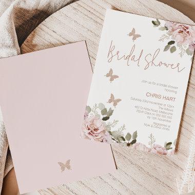 Blush Floral Glitter Butterfly Bridal Shower Invitations