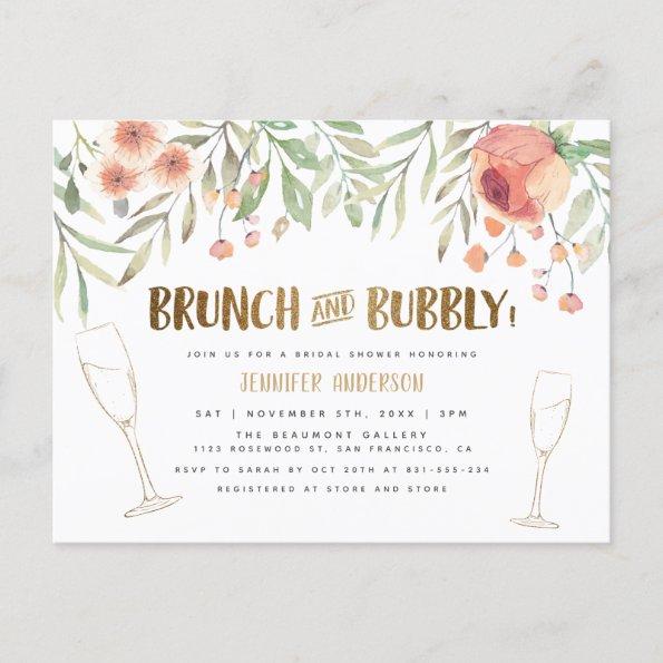 Blush Floral & Gold Brunch & Bubbly Bridal Shower Invitation PostInvitations