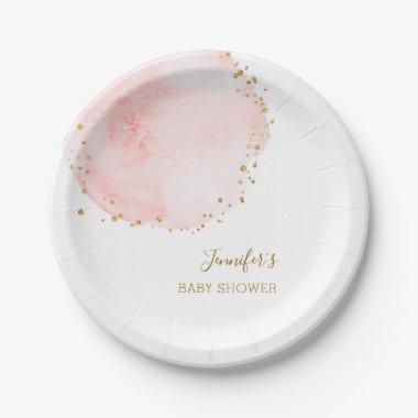 Blush Floral Gold Glitter Dots Baby Shower Paper Plates