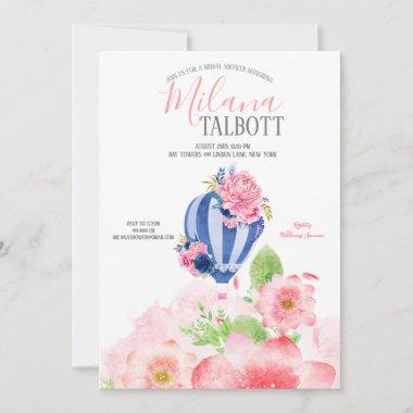 Blush Floral Hot Air balloon bridal shower Invitations