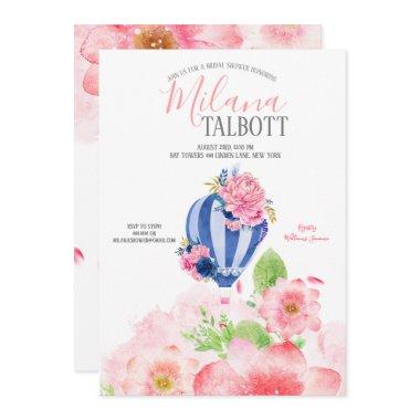 Blush Floral Hot Air balloon bridal shower Invitations