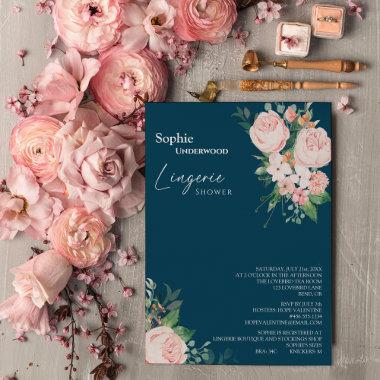 Blush Floral Navy Bridal Lingerie Shower Invitations