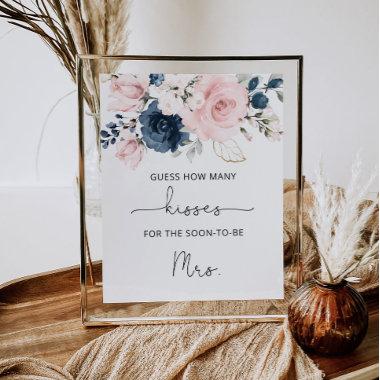 Blush floral navy how many kisses bridal game poster