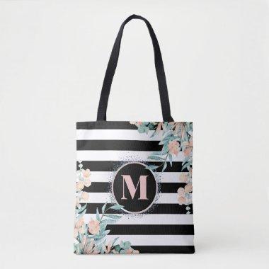 Blush Floral on Black and White Stripe Monogram Tote Bag