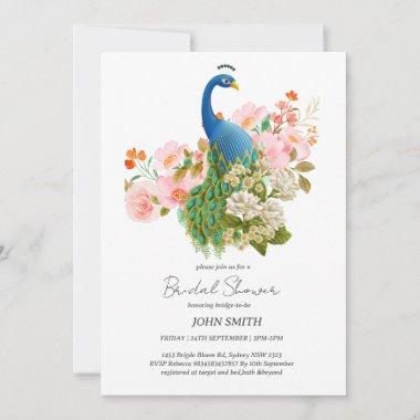 Blush Floral Peacock Chinoiserie Bridal Invitations