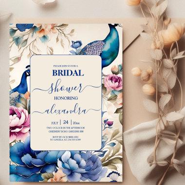 Blush Floral Peacock Chinoiserie Bridal Shower Invitations