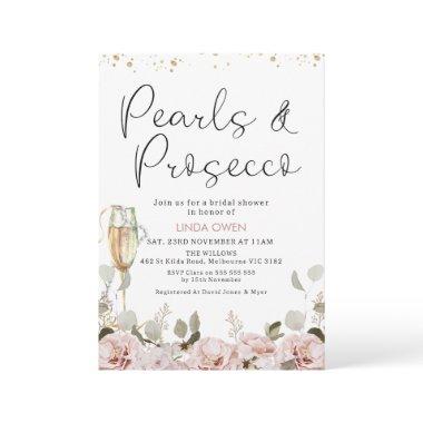 Blush Floral Pearls and Prosecco Bridal Shower Invitations