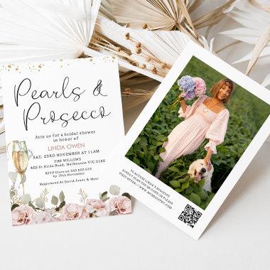 Blush Floral Pearls Prosecco QR Code Bridal Shower Invitations