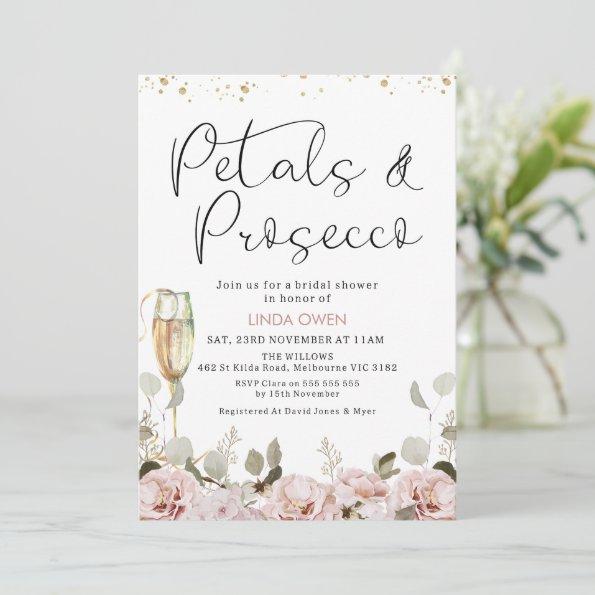 Blush Floral Petals and Prosecco Bridal Shower Invitations