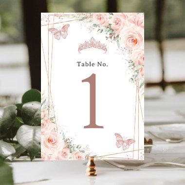 Blush Floral Rose Gold Birthday Quinceanera Table Number
