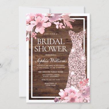Blush Floral Rose Gold Dress Rustic Bridal Shower Invitations