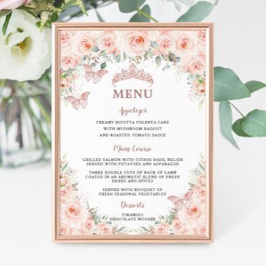 Blush Floral Rose Gold Quinceanera Birthday Menu Poster