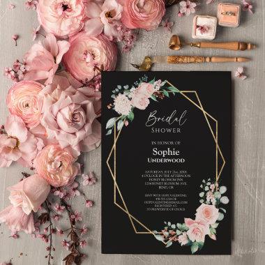 Blush Floral Simple Black Wedding Bridal Shower Invitations