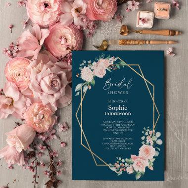 Blush Floral Simple Navy Wedding Bridal Shower Invitations