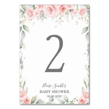 Blush Floral Soft Greenery Baby Shower Birthday Table Number