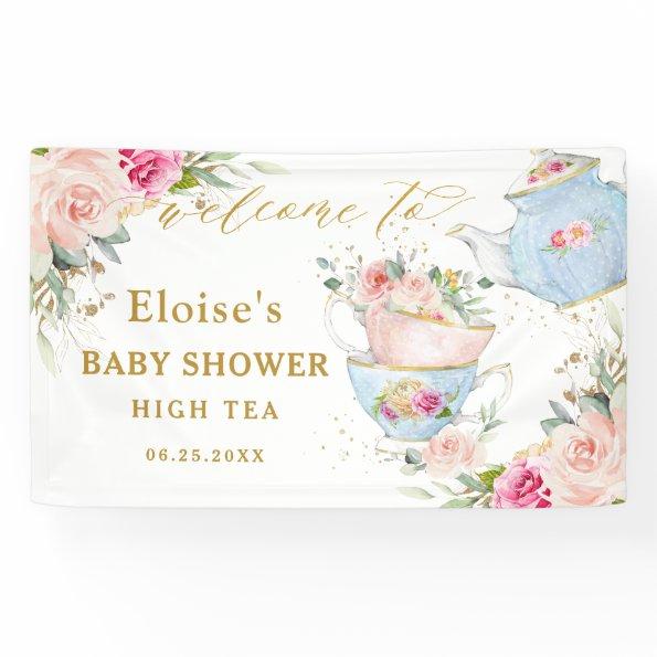 Blush Floral Tea Party Bridal Baby Shower Backdrop Banner