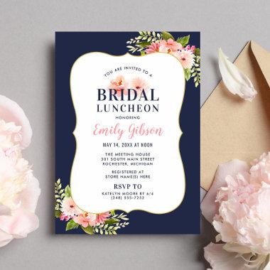 Blush Floral Watercolor Navy Bridal Luncheon Invitations