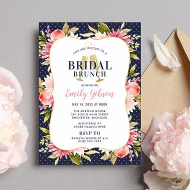 Blush Floral Watercolor Navy Wedding Bridal Brunch Invitations