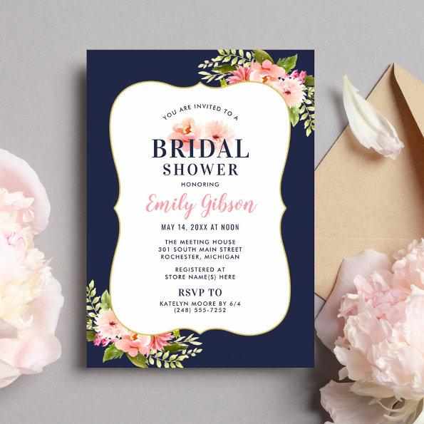 Blush Floral Watercolor Navy Wedding Bridal Shower Invitations
