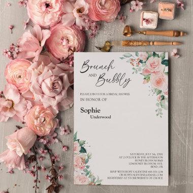 Blush Floral White Brunch And Bubbly Bridal Shower Invitations