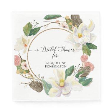 Blush Floral White Magnolia Watercolor Gold Leaf Napkins