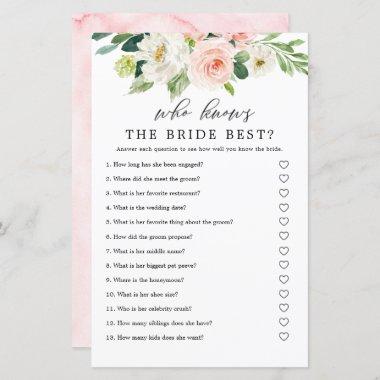 Blush Floral Who Knows The Bride Best Game Invitations