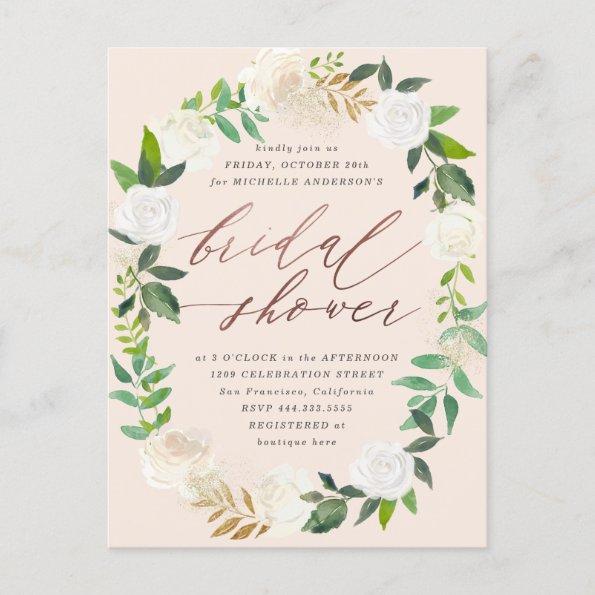 Blush & Floral Wreath Rose Gold Bridal Shower Invitation PostInvitations
