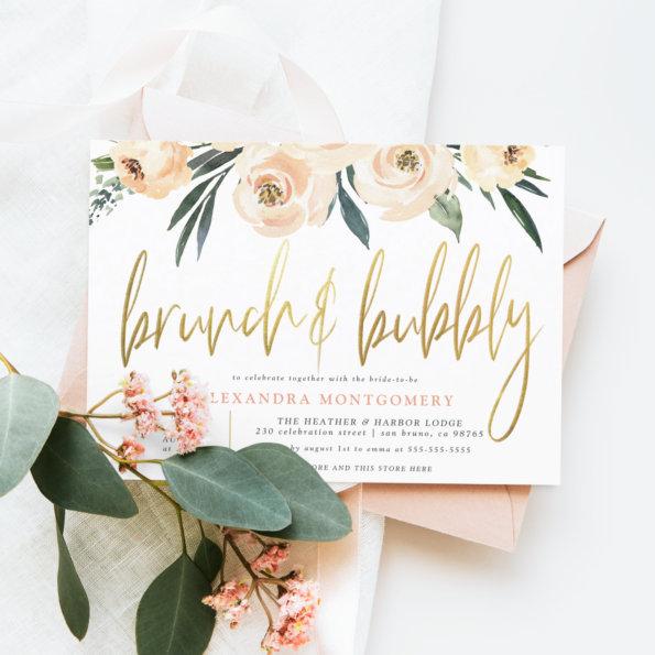 Blush Flowers Gold Brunch & Bubbly Bridal Shower Invitations