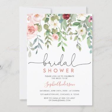 Blush Garden Floral Elegant Bridal Shower Invitations