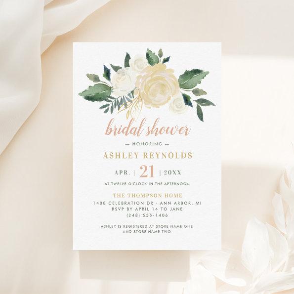 Blush Gold and Green Floral Wedding Bridal Shower Invitations