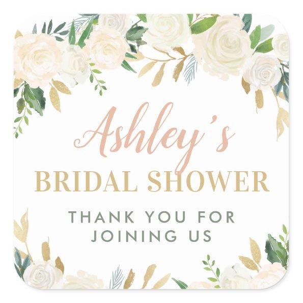 Blush Gold and Green Floral Wedding Bridal Shower Square Sticker