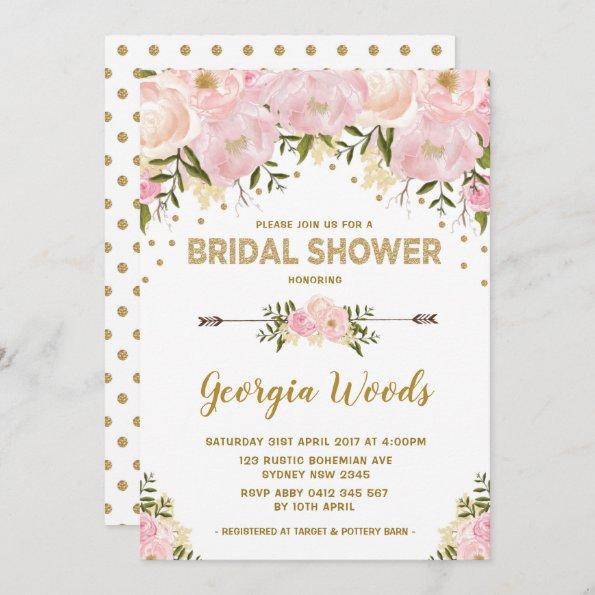 Blush Gold Bridal Shower Watercolor Peonies Invitations