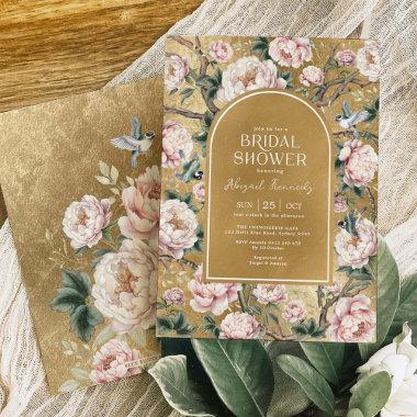 Blush Gold Chinoiserie Peony Floral Bridal Shower Invitations